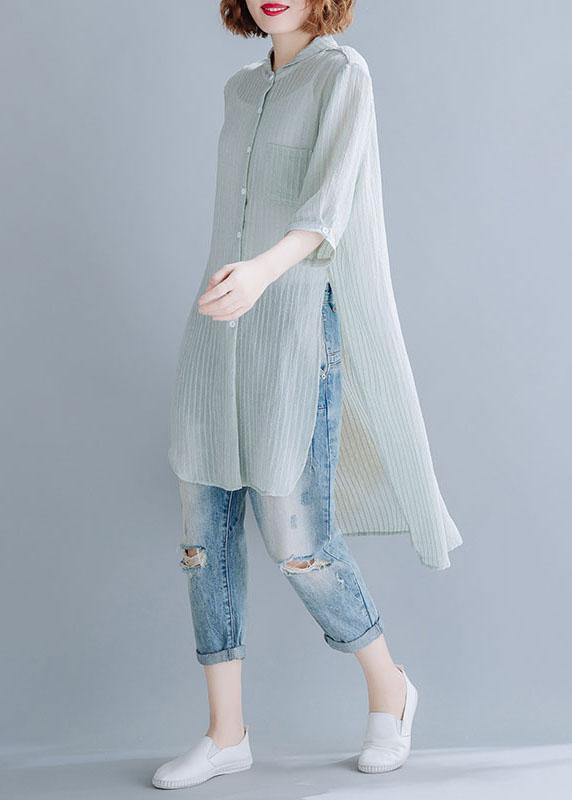 Style Light Green Striped Blended Shirts Side Open Box Sunscreen Summer Tops