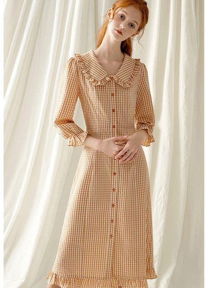 Style Light Orange Plaid Blended Tunics O Neck Maxi Fall Dress