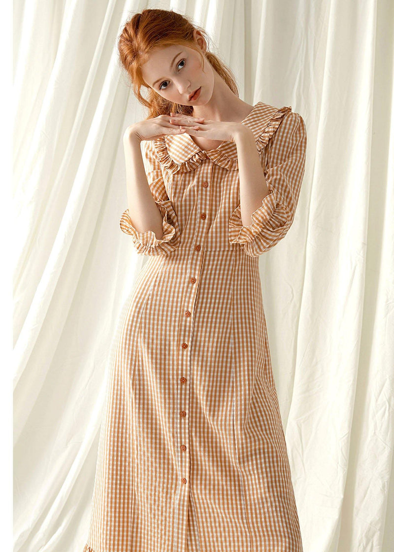 Style Light Orange Plaid Blended Tunics O Neck Maxi Fall Dress