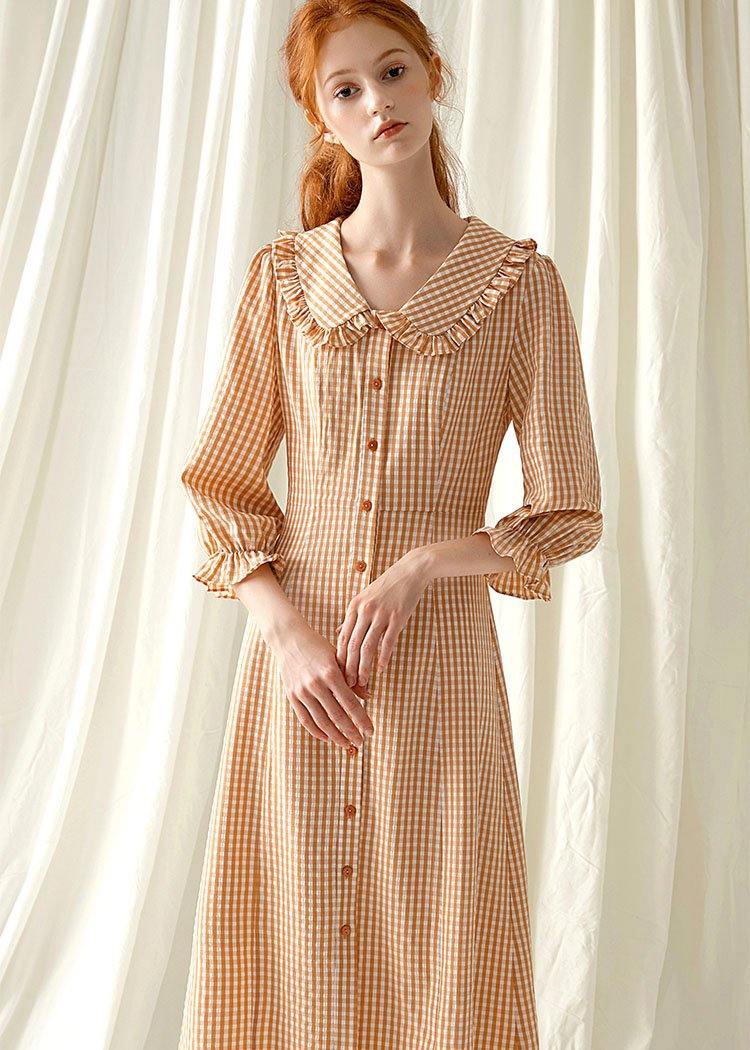 Style Light Orange Plaid Blended Tunics O Neck Maxi Fall Dress