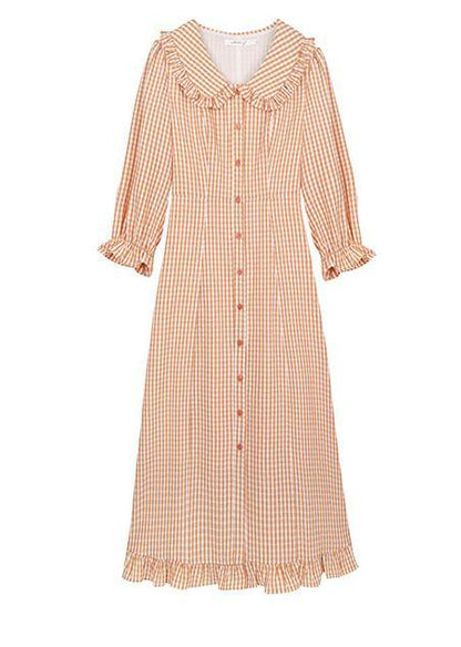 Style Light Orange Plaid Blended Tunics O Neck Maxi Fall Dress