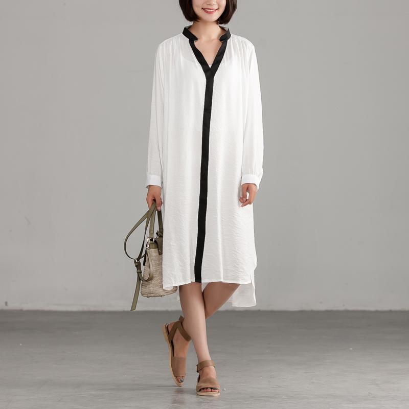 Style Linen Cotton Quilting Clothes Pakistani White Long Sleeve Loose Irregular Dress