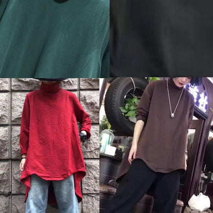 Style low high design cotton clothes For Women Fabrics khaki high neck shirt fall
