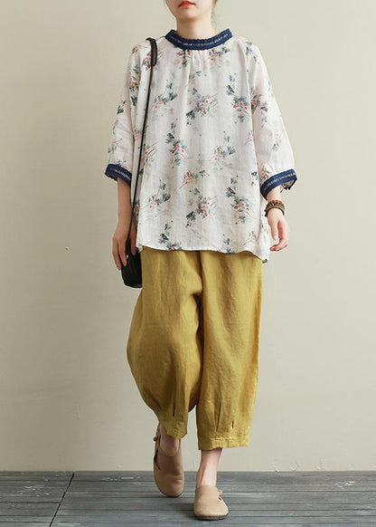 Style Navy Collar Linen Clothes for Print Patchwork Daily Blouses