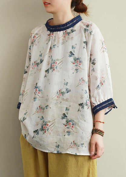 Style Navy Collar Linen Clothes for Print Patchwork Daily Blouses