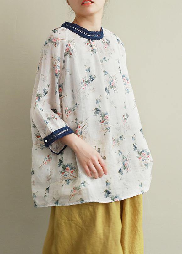 Style Navy Collar Linen Clothes for Print Patchwork Daily Blouses