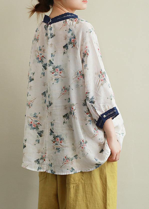 Style Navy Collar Linen Clothes for Print Patchwork Daily Blouses