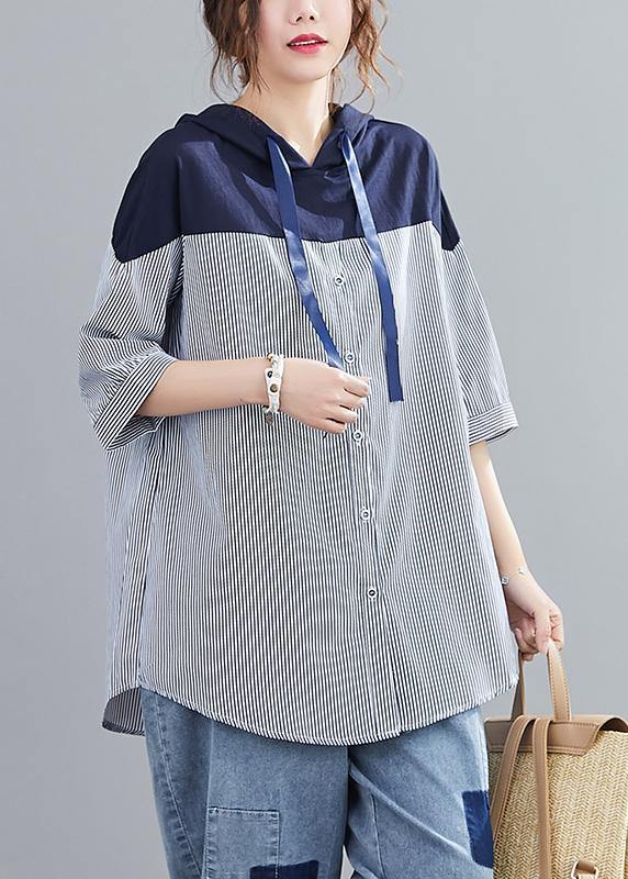 Style Navy Hooded Cotton Clothes Patchwork Baggy Summer Shirt