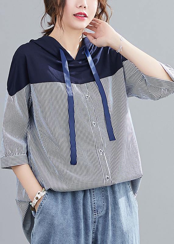 Style Navy Hooded Cotton Clothes Patchwork Baggy Summer Shirt