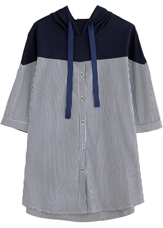 Style Navy Hooded Cotton Clothes Patchwork Baggy Summer Shirt