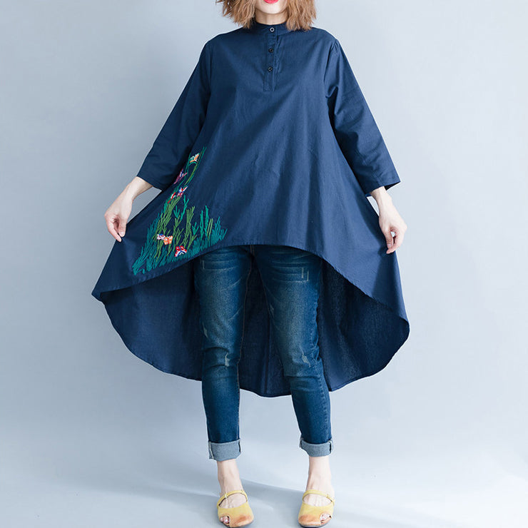 Style Navy Linen Cotton Tunics for Neckline Asymmetric Art Shirt Dresses