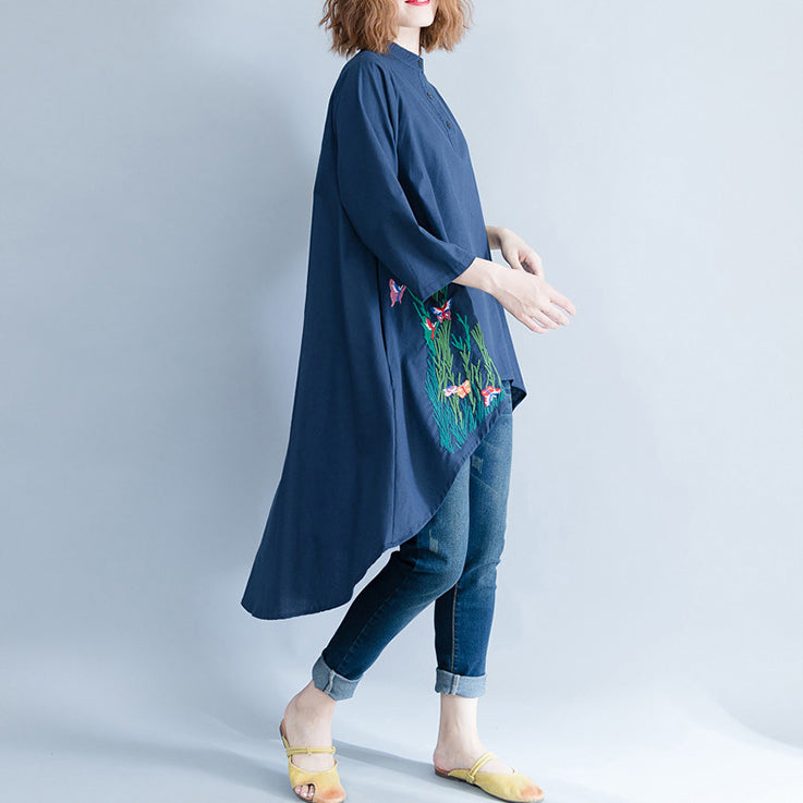 Style Navy Linen Cotton Tunics for Neckline Asymmetric Art Shirt Dresses