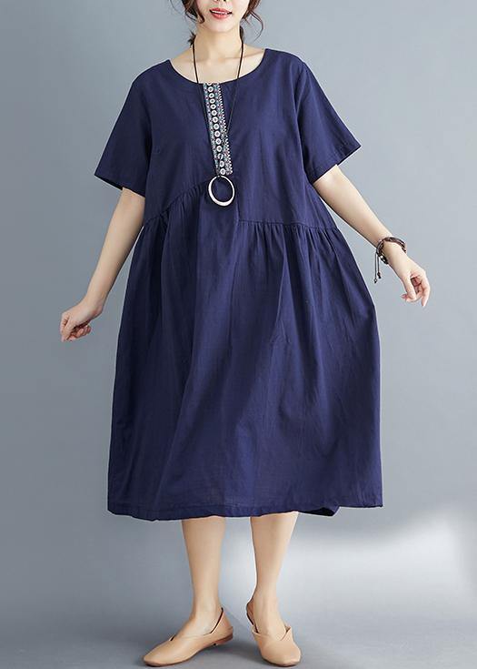 Style Navy Linen Dress Outfits O Neck Patchwork Oversized Summer Dress
