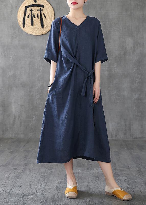 Style Navy Linen Dresses V Neck Tunic Linen Robes Summer Dress