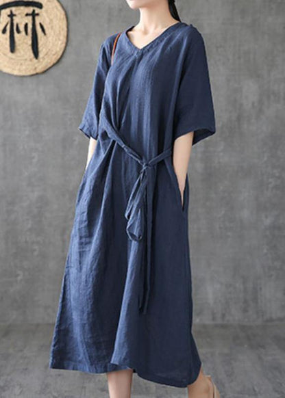 Style Navy Linen Dresses V Neck Tunic Linen Robes Summer Dress
