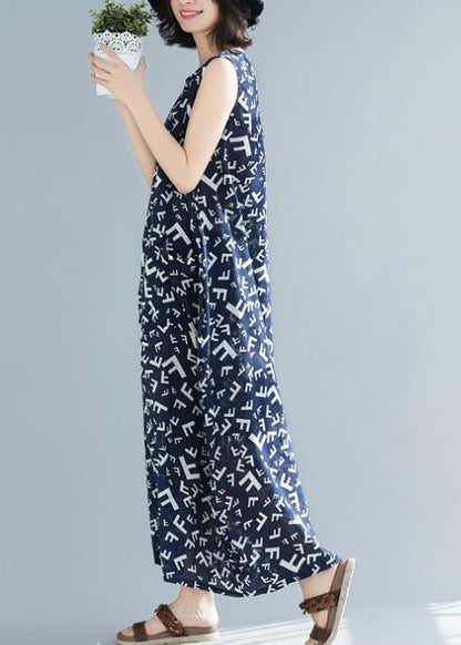 Style Navy Print Cotton Dresses O Neck Sleeveless a Line Summer Dress