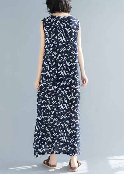 Style Navy Print Cotton Dresses O Neck Sleeveless a Line Summer Dress