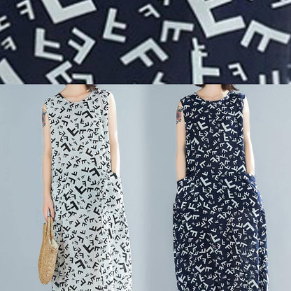 Style Navy Print Cotton Dresses O Neck Sleeveless a Line Summer Dress