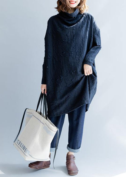 Style Navy Tunic Pattern High Neck Patchwork Long Fall Dress