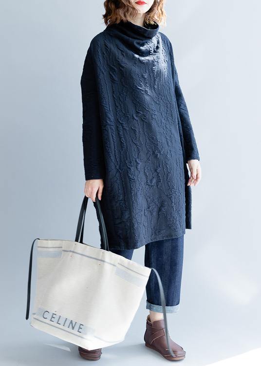 Style Navy Tunic Pattern High Neck Patchwork Long Fall Dress