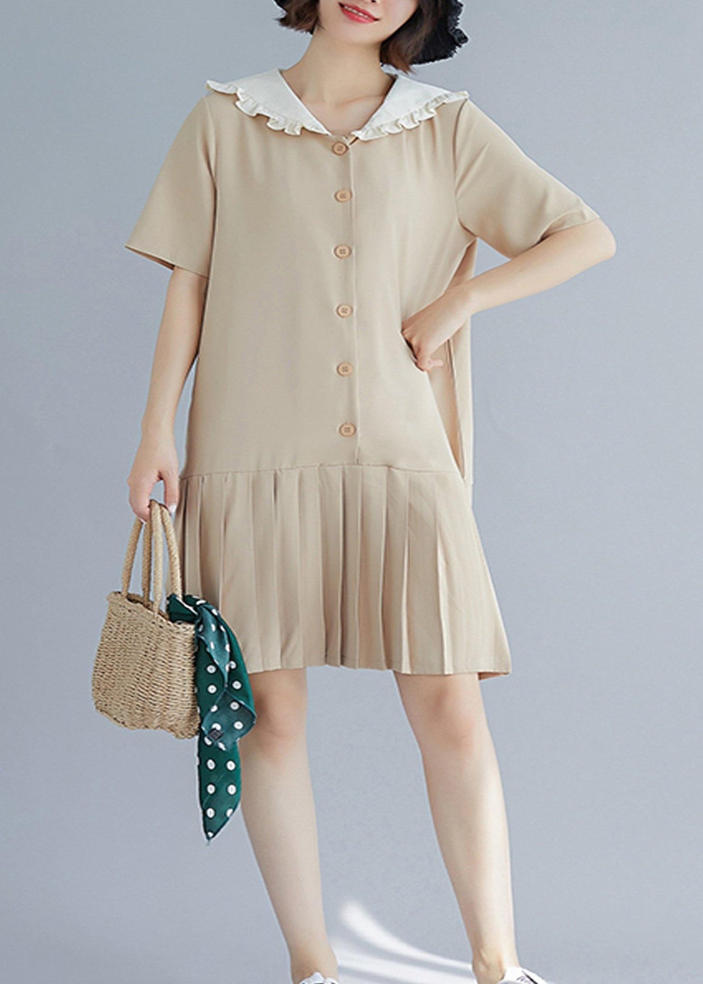 Style Nude Ruffles Hem Cotton Long Shirts Sailor Collar a Line Summer Dresses