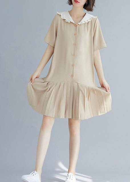 Style Nude Ruffles Hem Cotton Long Shirts Sailor Collar a Line Summer Dresses