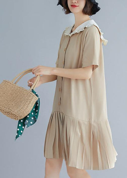 Style Nude Ruffles Hem Cotton Long Shirts Sailor Collar a Line Summer Dresses