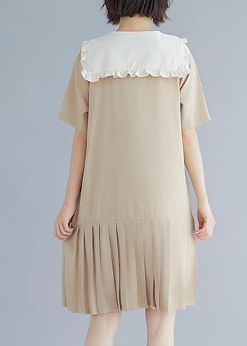 Style Nude Ruffles Hem Cotton Long Shirts Sailor Collar a Line Summer Dresses