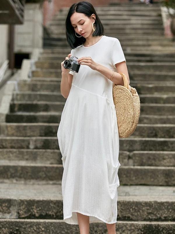 Style O Neck Asymmetric Cotton Dress Sewing Nude Traveling Dress Summer