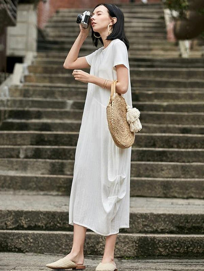 Style O Neck Asymmetric Cotton Dress Sewing Nude Traveling Dress Summer