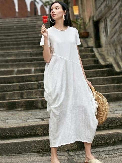 Style O Neck Asymmetric Cotton Dress Sewing Nude Traveling Dress Summer