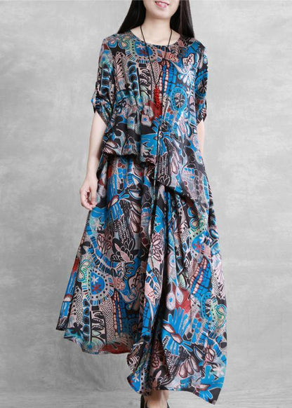 Style O Neck Asymmetric Summer Dresses Sleeve Blue Print Robes Dresses