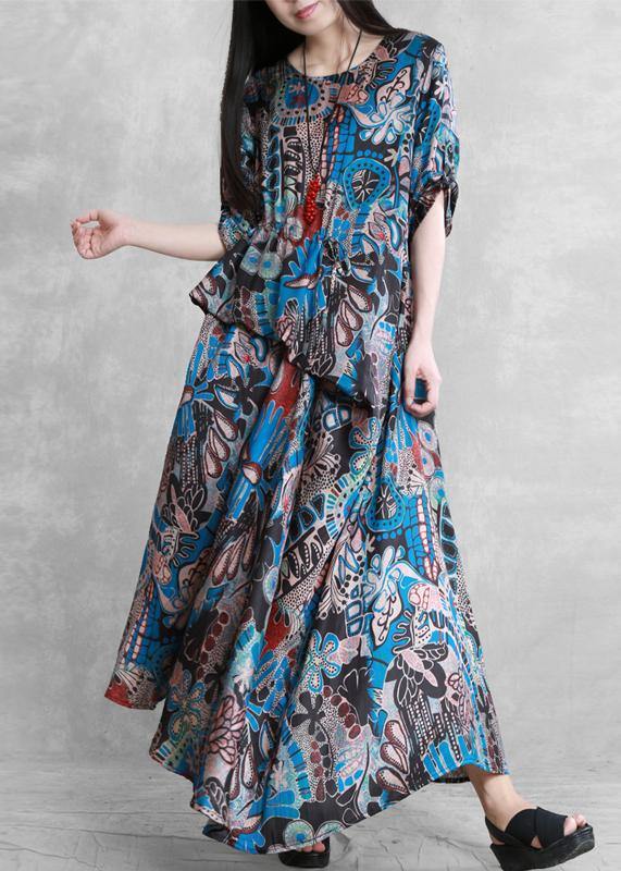 Style O Neck Asymmetric Summer Dresses Sleeve Blue Print Robes Dresses