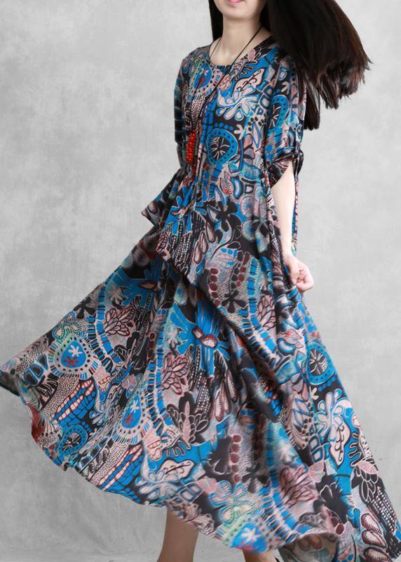Style O Neck Asymmetric Summer Dresses Sleeve Blue Print Robes Dresses
