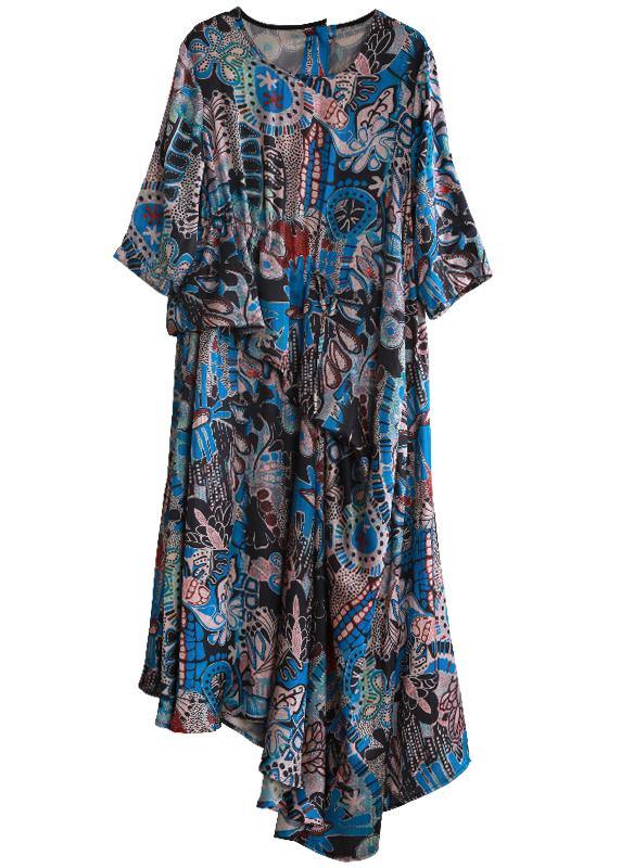 Style O Neck Asymmetric Summer Dresses Sleeve Blue Print Robes Dresses