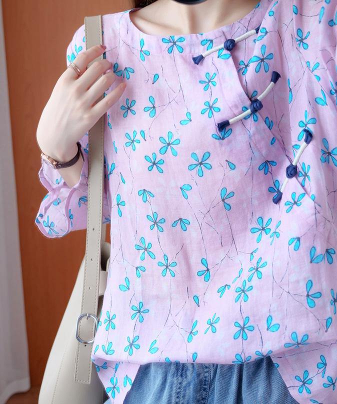 Style O Neck Baggy Tunic Outfits Blue Print Blouses