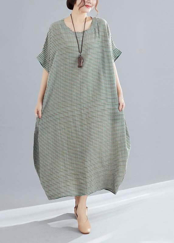 Style O Neck Cotton Quilting Clothes Pakistani Work Green Striped Loose Dress Summer