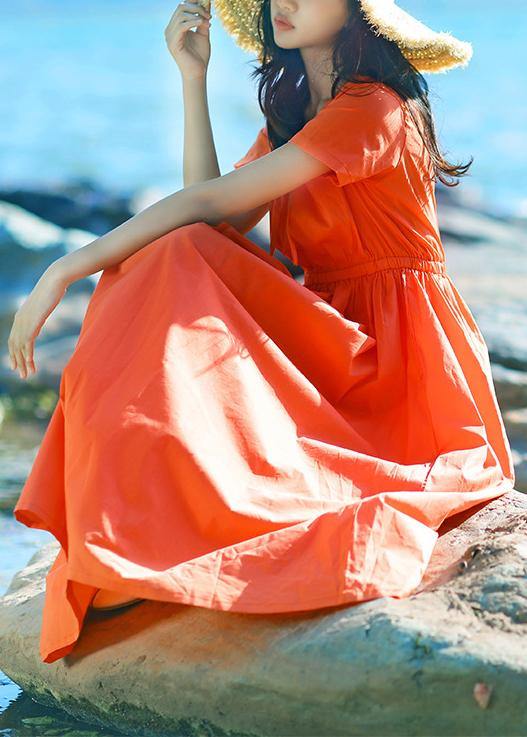 Style O Neck Drawstring Cotton Quilting Clothes Work Outfits Orange Red Long Dresses Summer