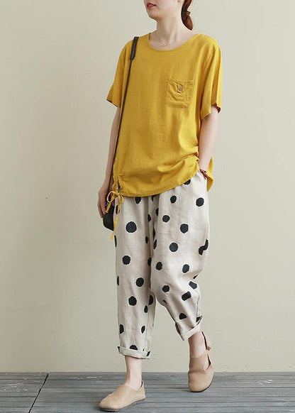 Style O Neck Drawstring Linen Cotton Summerblouse Yellow Baggy Shirts