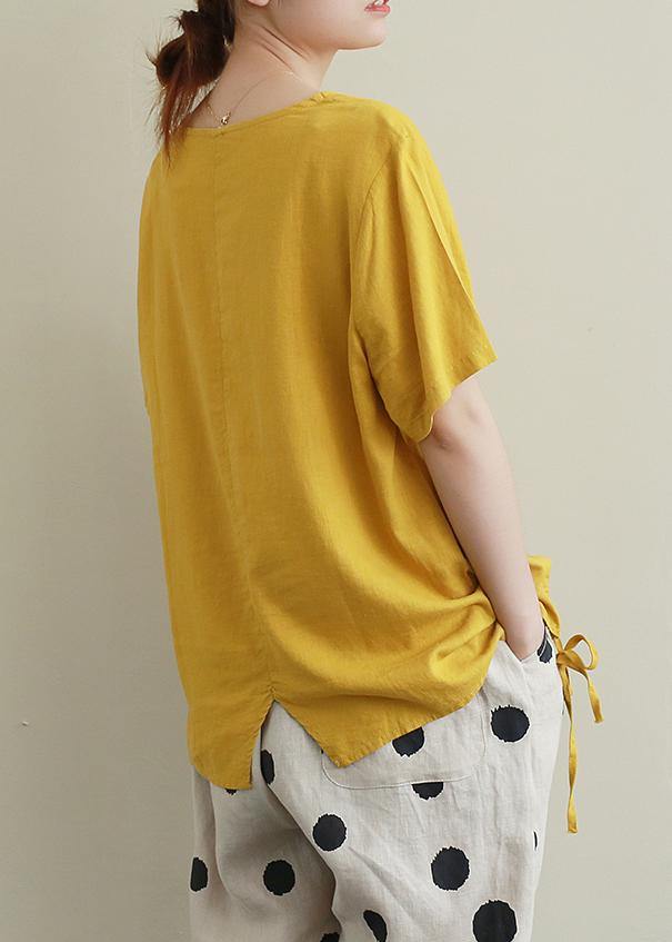 Style O Neck Drawstring Linen Cotton Summerblouse Yellow Baggy Shirts
