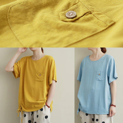 Style O Neck Drawstring Linen Cotton Summerblouse Yellow Baggy Shirts