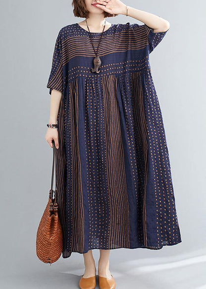 Style O Neck Extra Large Hem Cotton Summer Pattern Work Blue Striped Loose Dress