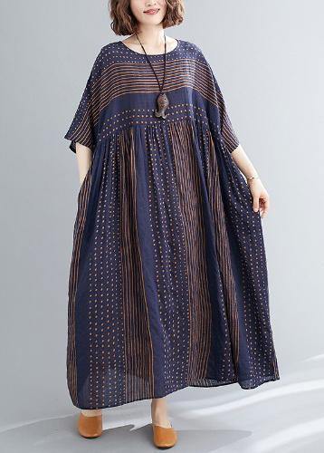 Style O Neck Extra Large Hem Cotton Summer Pattern Work Blue Striped Loose Dress
