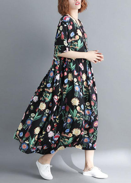 Style O Neck Linen Summer Quilting Clothes Catwalk Black Print Dress