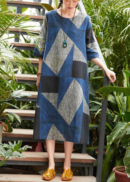 Style O Neck Patchwork Robes Work Blue Gray Print Dress Summer