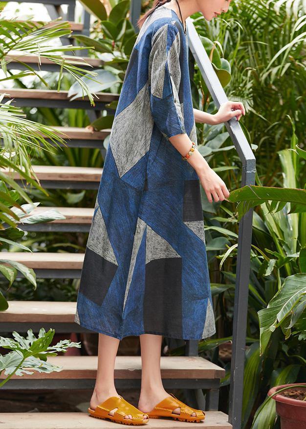 Style O Neck Patchwork Robes Work Blue Gray Print Dress Summer
