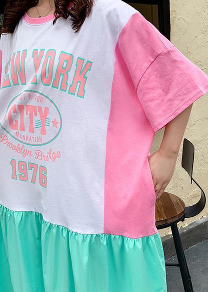Style O Neck Patchwork Clothes Design Pink Letter Robe Dresses