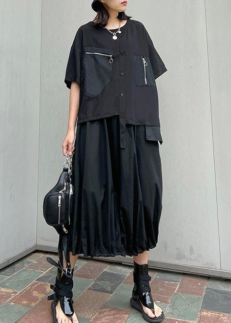 Style O Neck Patchwork Cotton Summer Tunic Pattern Black Shirts