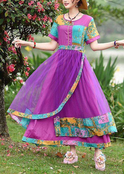 Style O Neck Patchwork Tulle Cotton Clothes Work Outfits Purple Print Art Dresses Summer