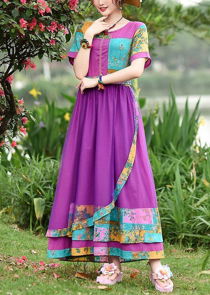 Style O Neck Patchwork Tulle Cotton Clothes Work Outfits Purple Print Art Dresses Summer